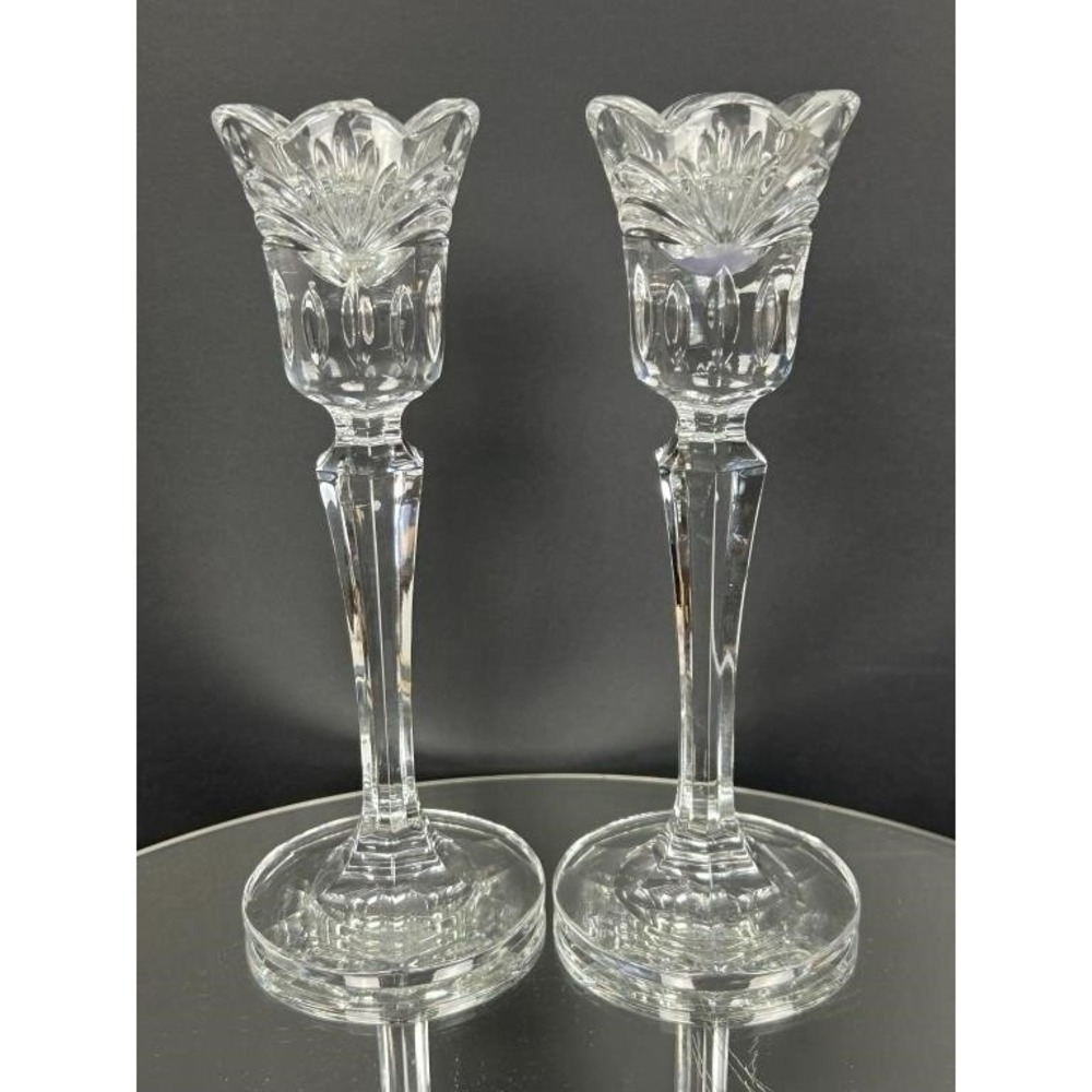 Pair Marquis by Waterford Crystal Candlesticks 8" Tulip Faceted Holders VTG